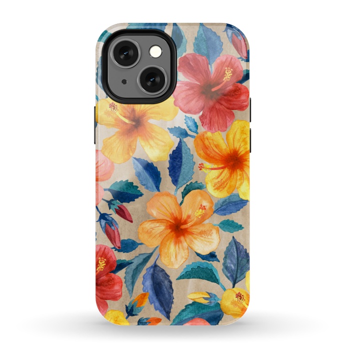 iPhone 13 mini StrongFit Tropical Hibiscus Blooms in Watercolor by Micklyn Le Feuvre