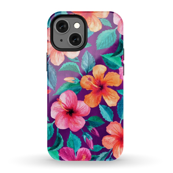 iPhone 13 mini StrongFit Bright Hibiscus Blooms in Watercolor on Purple by Micklyn Le Feuvre