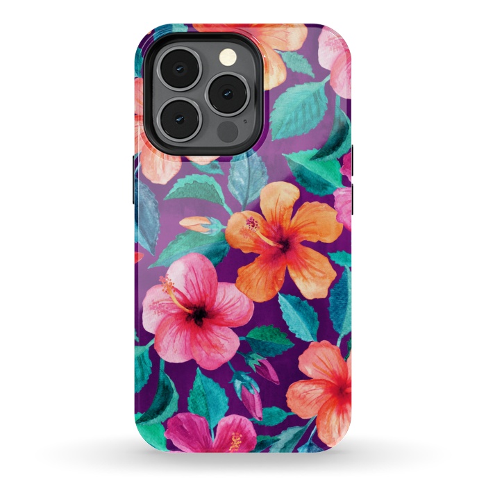 iPhone 13 pro StrongFit Bright Hibiscus Blooms in Watercolor on Purple by Micklyn Le Feuvre