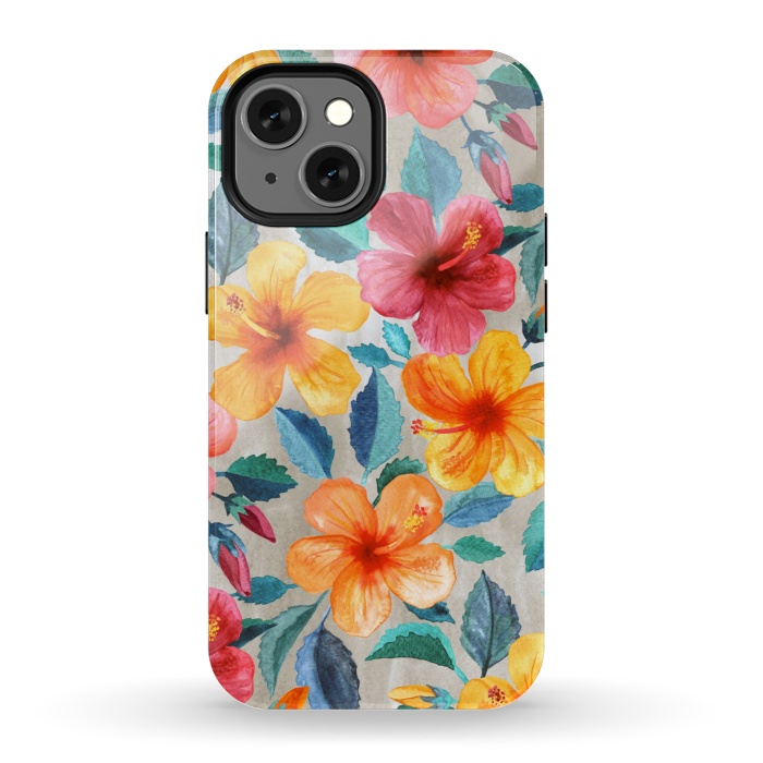 iPhone 13 mini StrongFit Tropical Hawaiian Hibiscus Blooms in Watercolor by Micklyn Le Feuvre