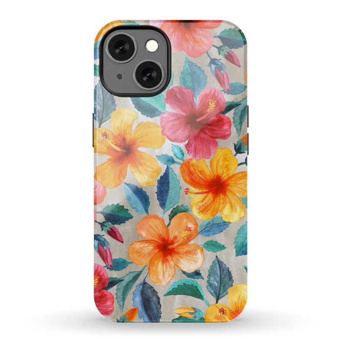 iPhone 13 StrongFit Tropical Hawaiian Hibiscus Blooms in Watercolor by Micklyn Le Feuvre