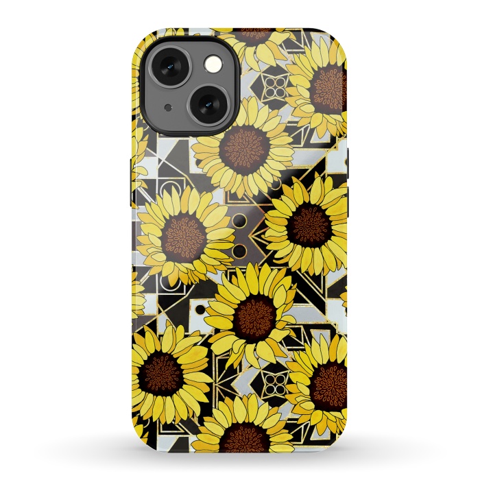 iPhone 13 StrongFit Sunflowers & Geometric Gold, Black & White Background  by Tigatiga
