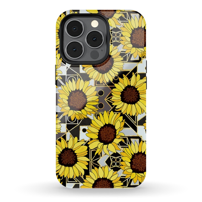 iPhone 13 pro StrongFit Sunflowers & Geometric Gold, Black & White Background  by Tigatiga