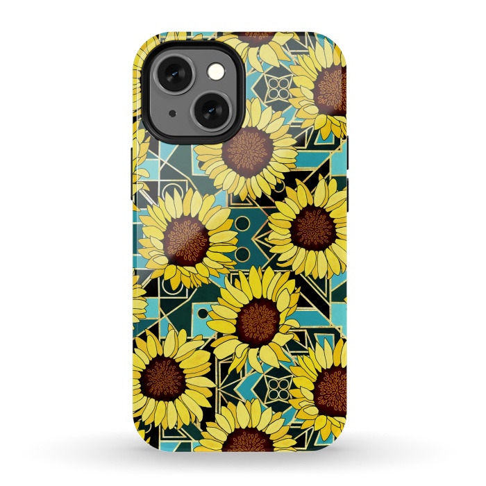 iPhone 13 mini StrongFit Sunflowers & Geometric Gold & Teal  by Tigatiga
