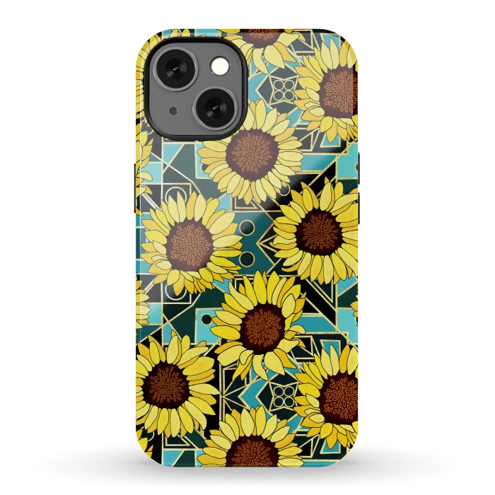 iPhone 13 StrongFit Sunflowers & Geometric Gold & Teal  by Tigatiga