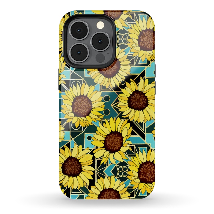 iPhone 13 pro StrongFit Sunflowers & Geometric Gold & Teal  by Tigatiga