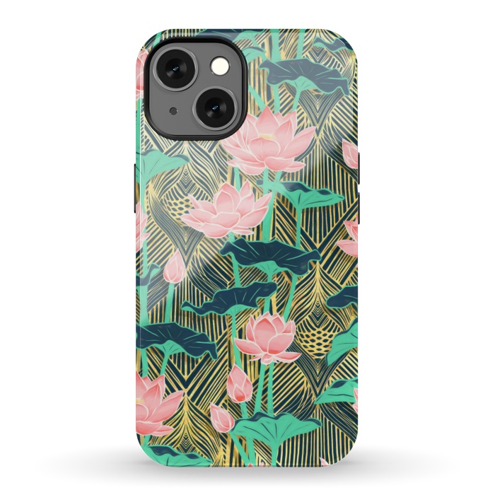 iPhone 13 StrongFit Art Deco Lotus Flowers in Peach & Emerald by Micklyn Le Feuvre