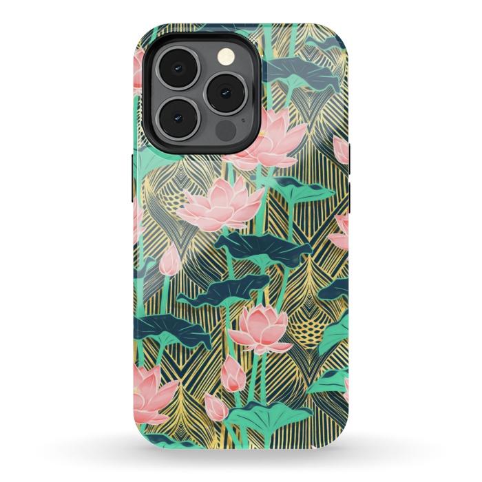 iPhone 13 pro StrongFit Art Deco Lotus Flowers in Peach & Emerald by Micklyn Le Feuvre