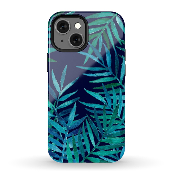 iPhone 13 mini StrongFit Watercolor Palm Leaves on Navy Blue by Micklyn Le Feuvre