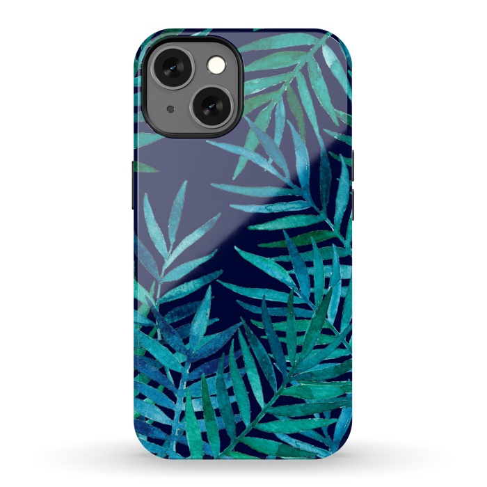 iPhone 13 StrongFit Watercolor Palm Leaves on Navy Blue by Micklyn Le Feuvre