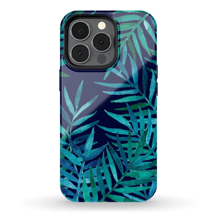 iPhone 13 pro StrongFit Watercolor Palm Leaves on Navy Blue by Micklyn Le Feuvre