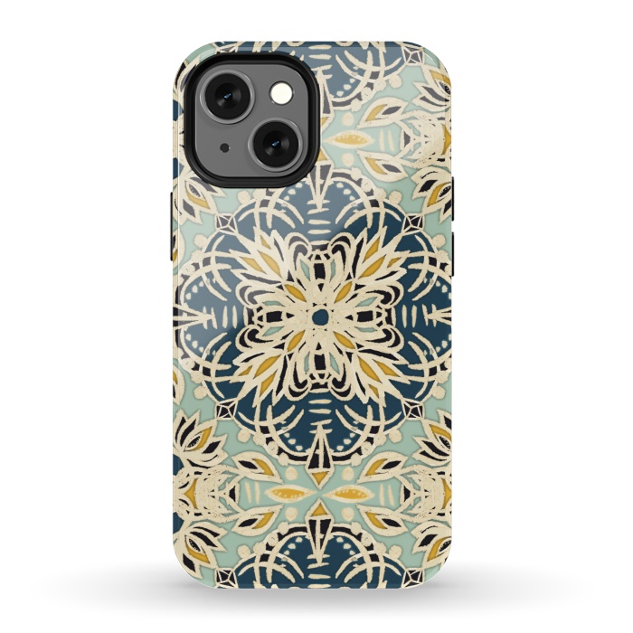 iPhone 13 mini StrongFit Protea Pattern in Deep Teal, Cream, Sage Green & Yellow Ocher by Micklyn Le Feuvre