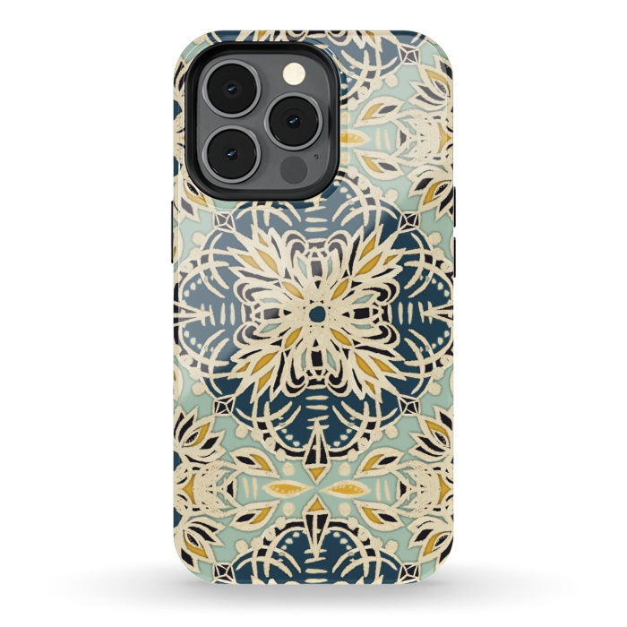 iPhone 13 pro StrongFit Protea Pattern in Deep Teal, Cream, Sage Green & Yellow Ocher by Micklyn Le Feuvre