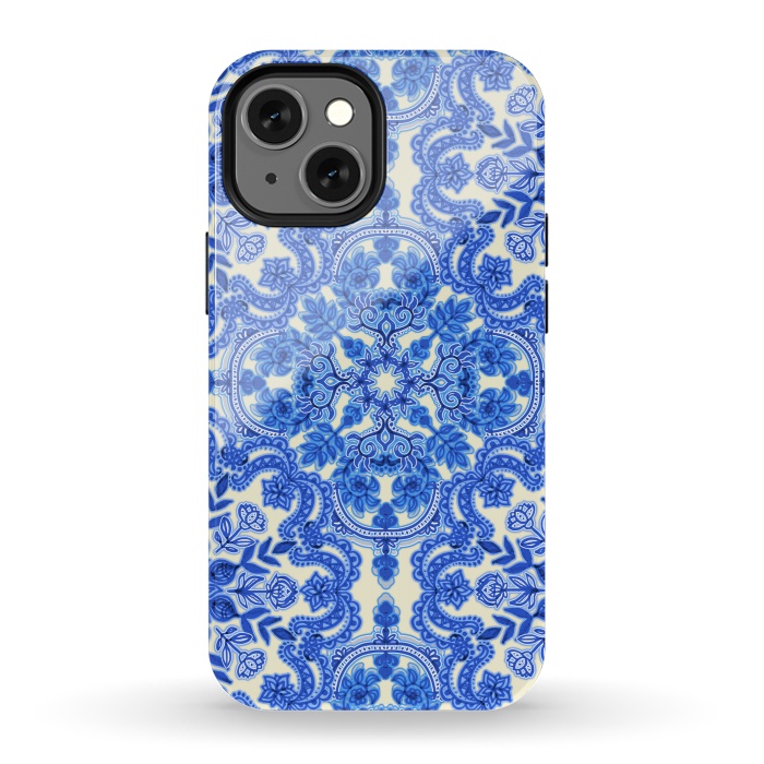 iPhone 13 mini StrongFit Cobalt Blue and China White Folk Art Pattern by Micklyn Le Feuvre