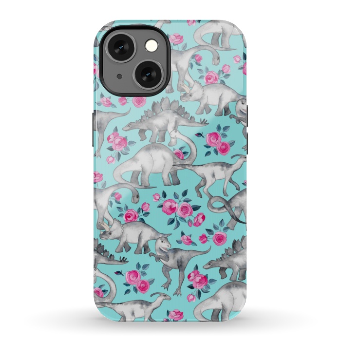 iPhone 13 StrongFit Dinosaurs and Roses on Turquoise by Micklyn Le Feuvre