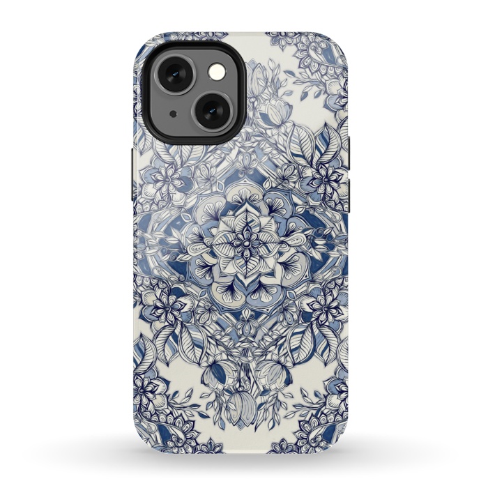 iPhone 13 mini StrongFit Floral Diamond Doodle in Dark Blue and Cream by Micklyn Le Feuvre
