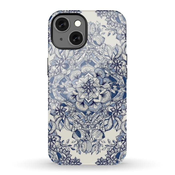 iPhone 13 StrongFit Floral Diamond Doodle in Dark Blue and Cream by Micklyn Le Feuvre