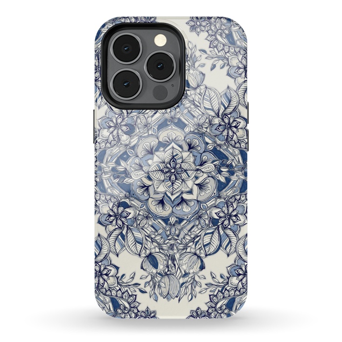 iPhone 13 pro StrongFit Floral Diamond Doodle in Dark Blue and Cream by Micklyn Le Feuvre