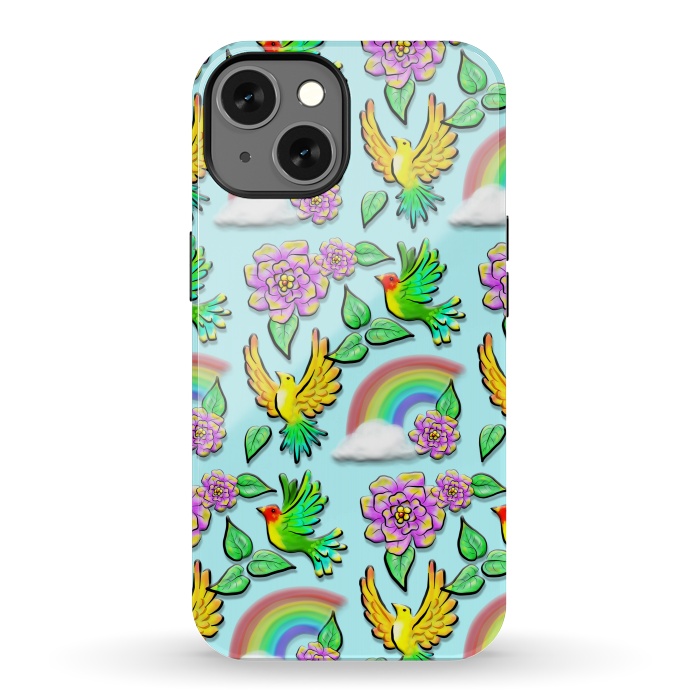 iPhone 13 StrongFit Birds Flowers and Rainbows Doodle Pattern by BluedarkArt