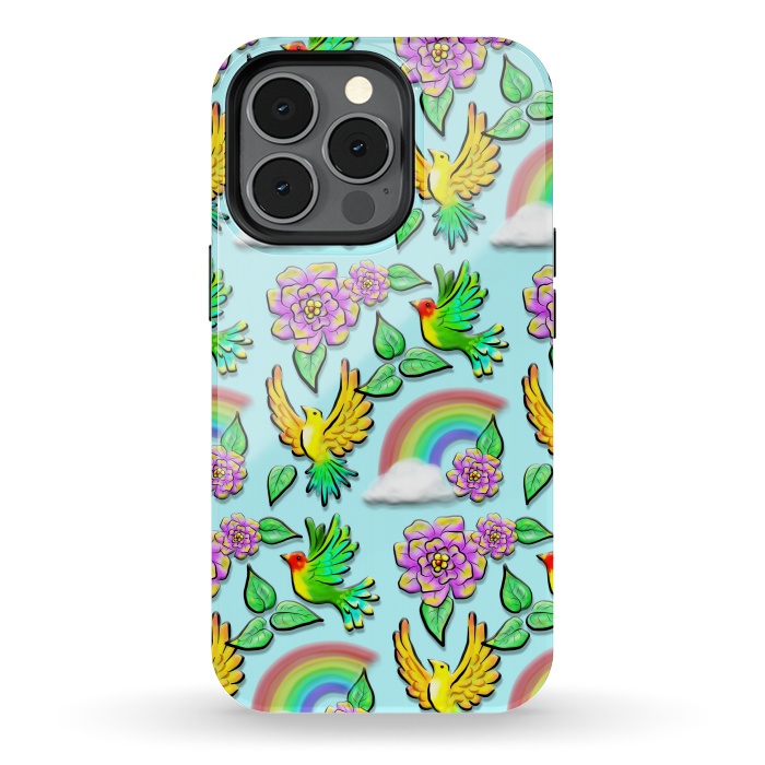 iPhone 13 pro StrongFit Birds Flowers and Rainbows Doodle Pattern by BluedarkArt
