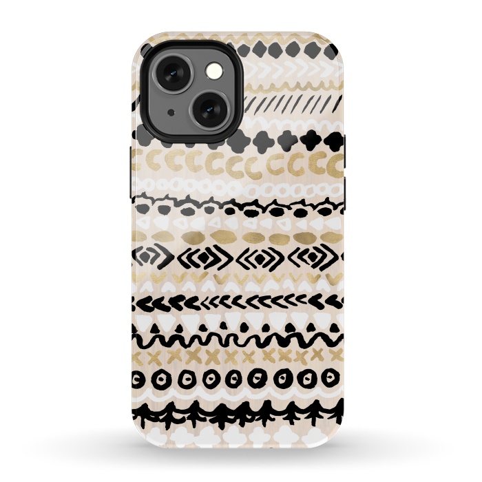 iPhone 13 mini StrongFit Black, White & Gold Tribal by Tangerine-Tane