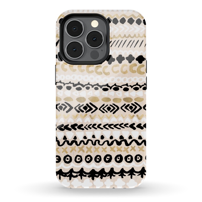 iPhone 13 pro StrongFit Black, White & Gold Tribal by Tangerine-Tane