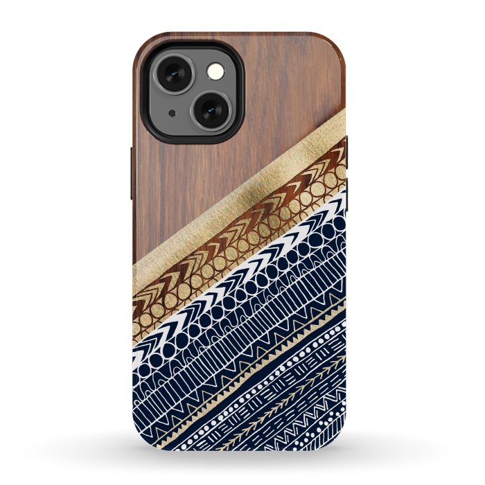 iPhone 13 mini StrongFit Navy & Gold Tribal on Wood by Tangerine-Tane