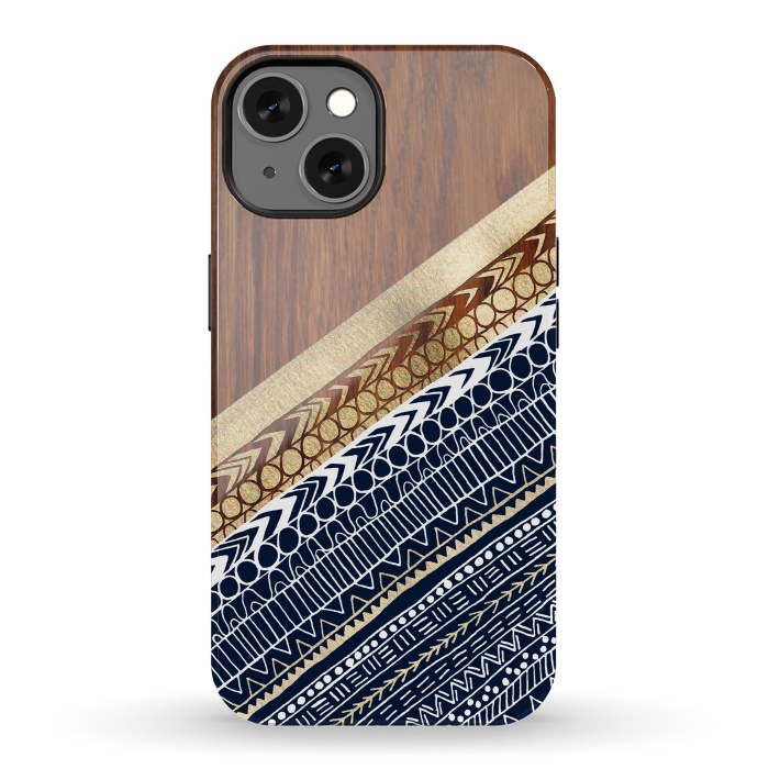 iPhone 13 StrongFit Navy & Gold Tribal on Wood by Tangerine-Tane
