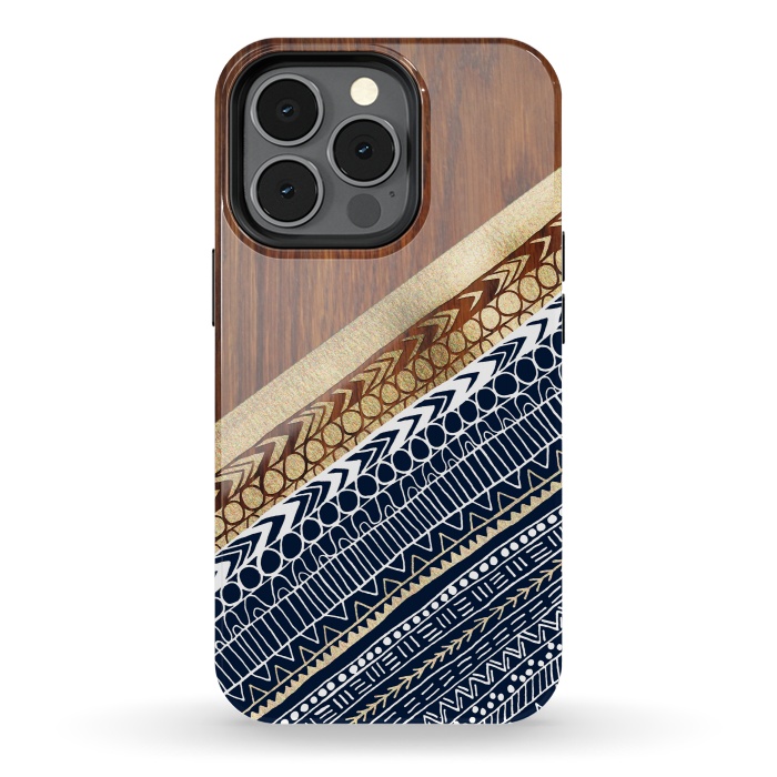 iPhone 13 pro StrongFit Navy & Gold Tribal on Wood by Tangerine-Tane