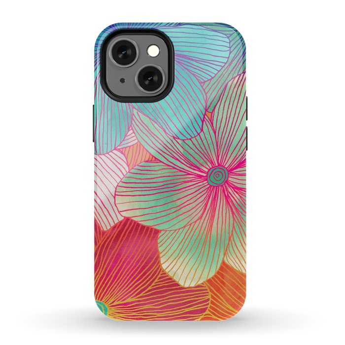 iPhone 13 mini StrongFit Between the Lines - tropical flowers in pink, orange, blue & mint by Micklyn Le Feuvre