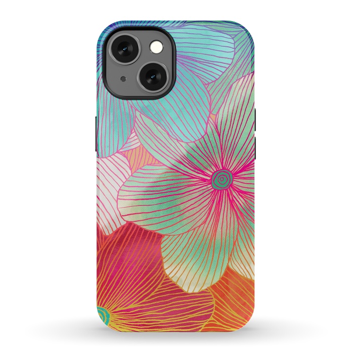 iPhone 13 StrongFit Between the Lines - tropical flowers in pink, orange, blue & mint by Micklyn Le Feuvre