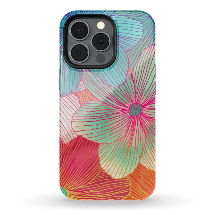iPhone 13 pro StrongFit Between the Lines - tropical flowers in pink, orange, blue & mint by Micklyn Le Feuvre