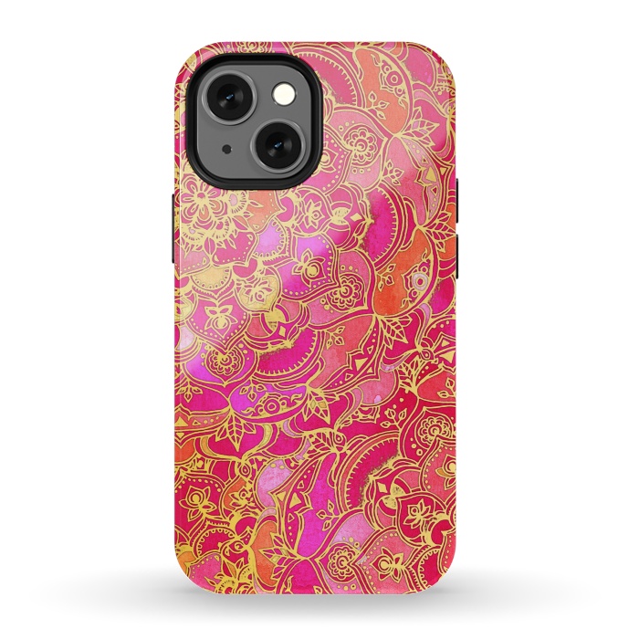 iPhone 13 mini StrongFit Hot Pink and Gold Baroque Floral Pattern by Micklyn Le Feuvre