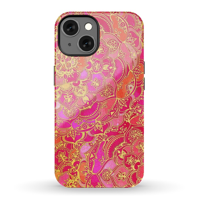 iPhone 13 StrongFit Hot Pink and Gold Baroque Floral Pattern by Micklyn Le Feuvre