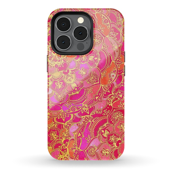 iPhone 13 pro StrongFit Hot Pink and Gold Baroque Floral Pattern by Micklyn Le Feuvre