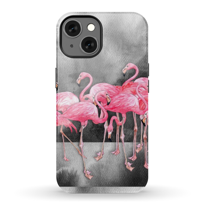 iPhone 13 StrongFit Pink Flamingos in Watercolor & Ink by Micklyn Le Feuvre