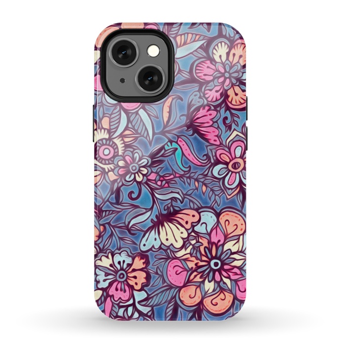 iPhone 13 mini StrongFit Sweet Spring Floral - soft indigo & candy pastels by Micklyn Le Feuvre