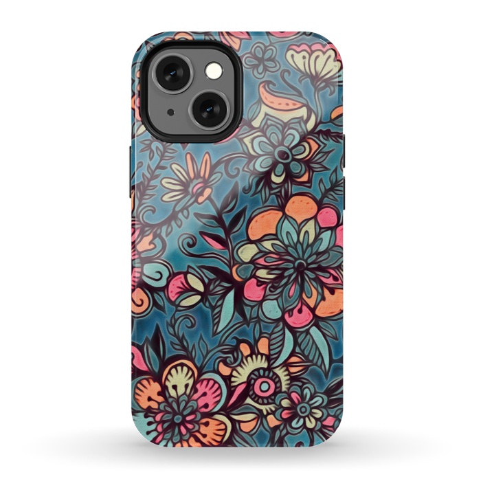 iPhone 13 mini StrongFit Sweet Spring Floral - melon pink, butterscotch & teal by Micklyn Le Feuvre