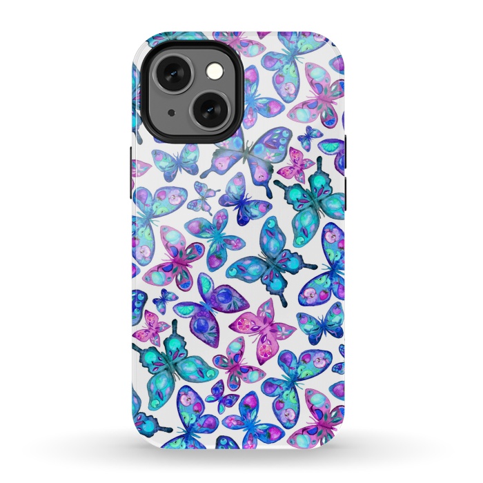 iPhone 13 mini StrongFit Watercolor Fruit Patterned Butterflies - aqua and sapphire by Micklyn Le Feuvre