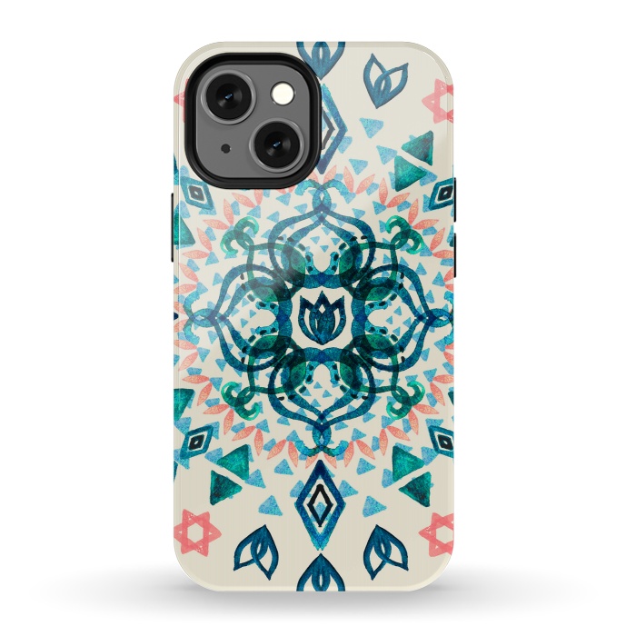 iPhone 13 mini StrongFit Watercolor Lotus Mandala in Teal & Salmon Pink by Micklyn Le Feuvre