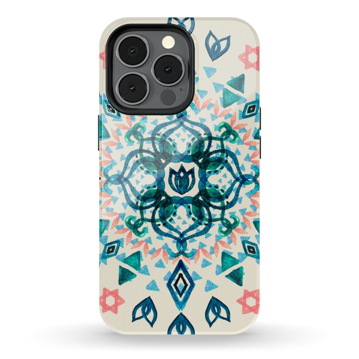 iPhone 13 pro StrongFit Watercolor Lotus Mandala in Teal & Salmon Pink by Micklyn Le Feuvre