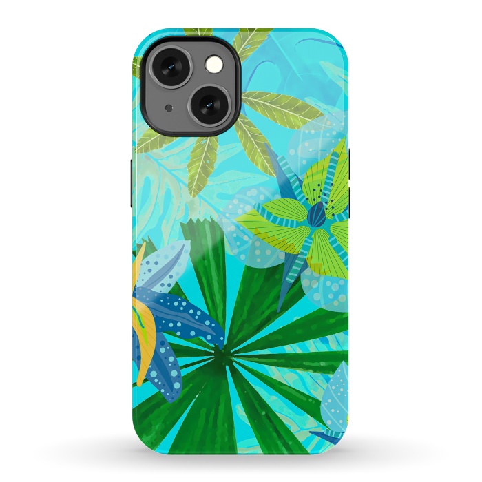 iPhone 13 StrongFit Watercolor Abstract Teal and Blue Aloha tropical Jungle by  Utart