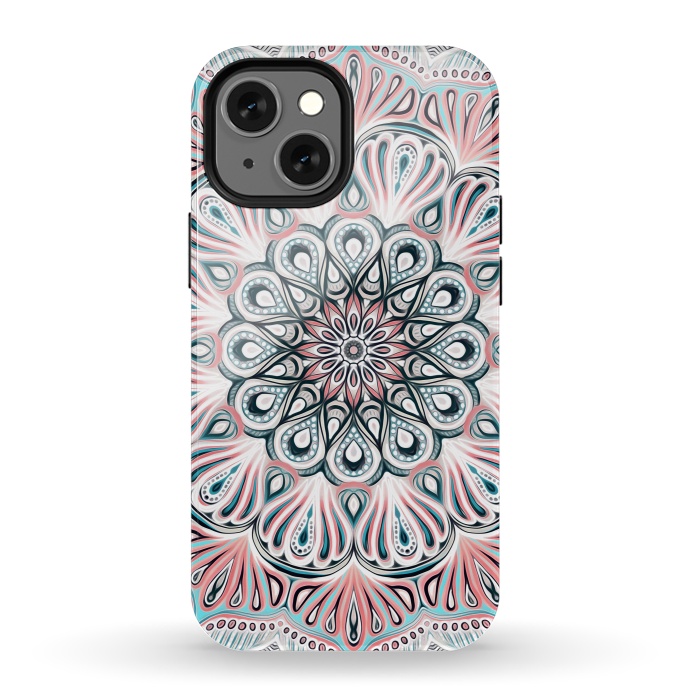 iPhone 13 mini StrongFit Expansion - boho mandala in soft salmon pink & blue by Micklyn Le Feuvre
