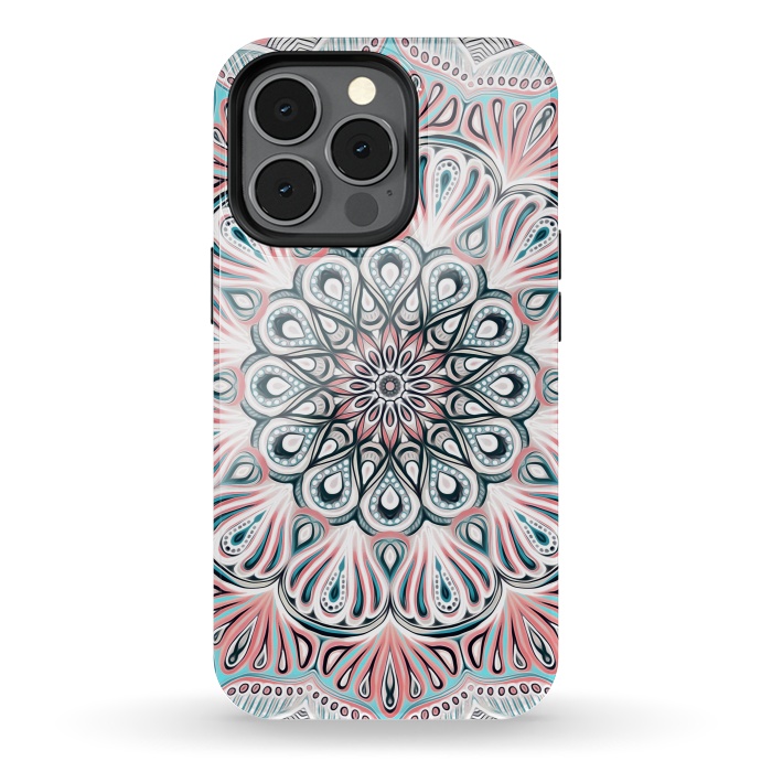 iPhone 13 pro StrongFit Expansion - boho mandala in soft salmon pink & blue by Micklyn Le Feuvre