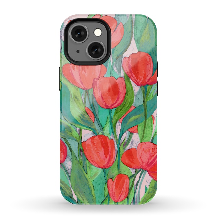 iPhone 13 mini StrongFit Blooming Red Tulips in Gouache  by Micklyn Le Feuvre