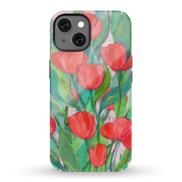 iPhone 13 StrongFit Blooming Red Tulips in Gouache  by Micklyn Le Feuvre