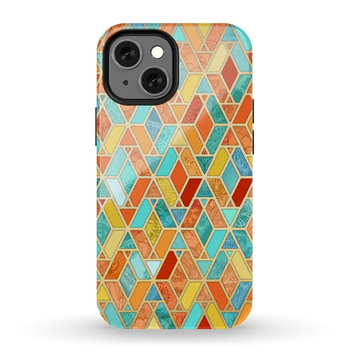 iPhone 13 mini StrongFit Tangerine and Turquoise Geometric Fall Pattern by Micklyn Le Feuvre