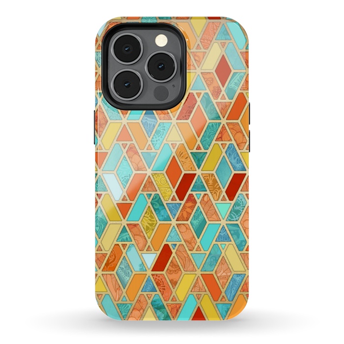 iPhone 13 pro StrongFit Tangerine and Turquoise Geometric Fall Pattern by Micklyn Le Feuvre
