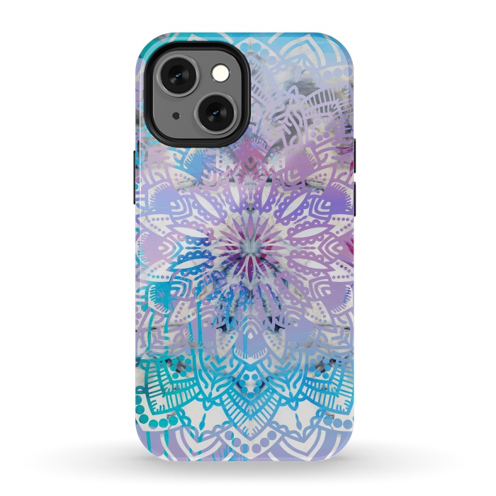 iPhone 13 mini StrongFit Blue lavender mandala drawing on white marble by Oana 