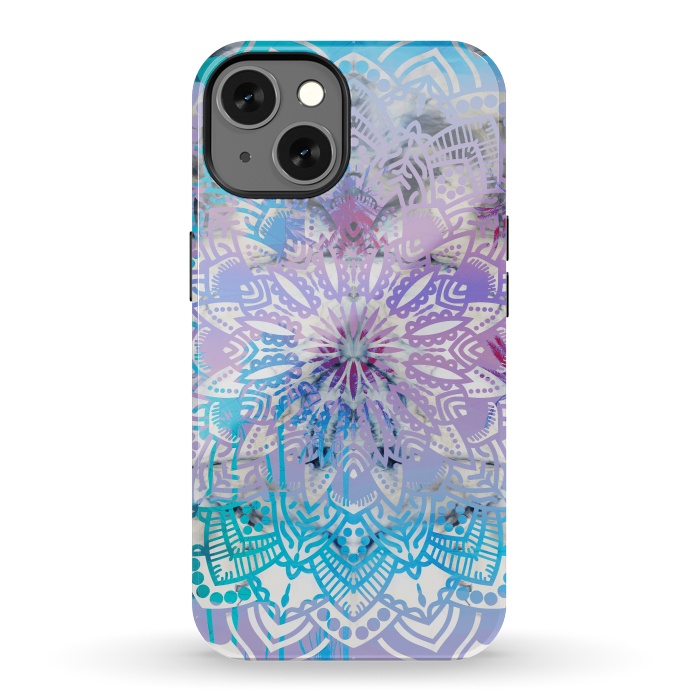 iPhone 13 StrongFit Blue lavender mandala drawing on white marble by Oana 